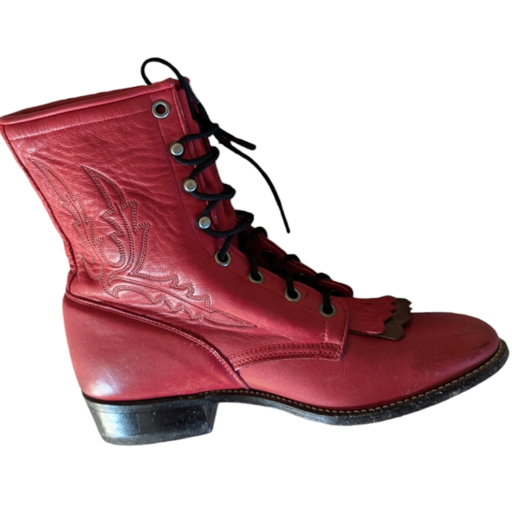 Larry Mahan, vintage red tie up kiltie boots. Size 7